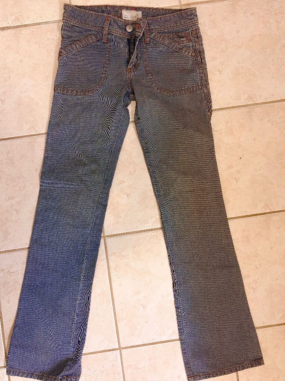 Sz 25 SANCTUARY Close Fit Low Waist Porkchop Pocket Pinstriped Denim Flare Jeans